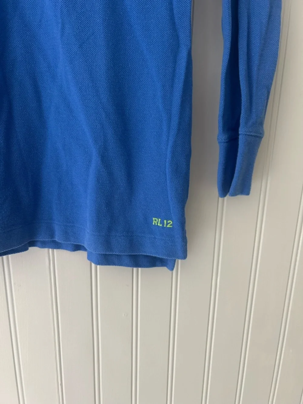Y2K Ralph Lauren Medium Skinny Polo Blue Neon Green Big Pony LS - Picture 4 of 9